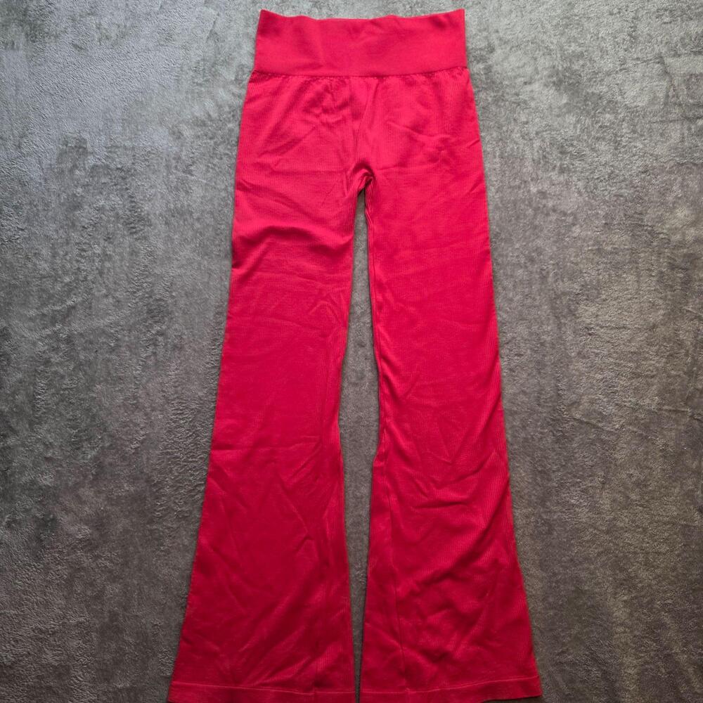 OQQ Leggings Womens XL Red Ribbed Knit Flare Yoga Pants High Waist Stretch
